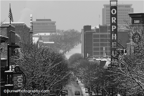 Looking Down State Street in Winter Black and White